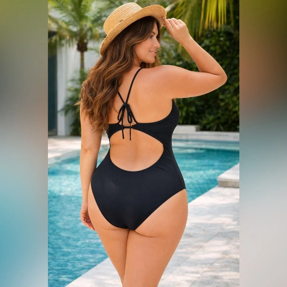 Ekouaer Black One Piece Swimsuit Cutout Back Tie Adjustable Straps NWT Large